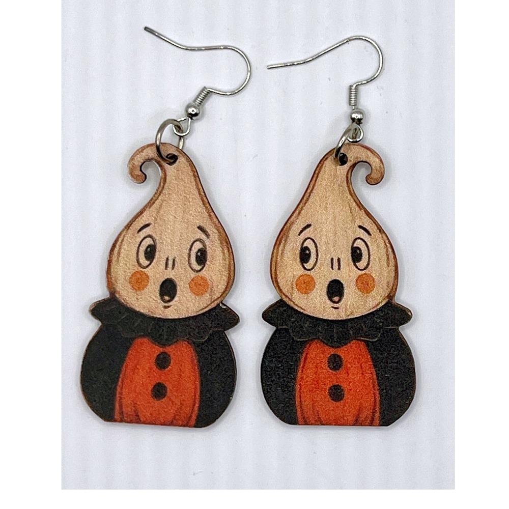 Unbranded Ghost Drop Earrings OS Orange Like New Wood Vintage Style Halloween